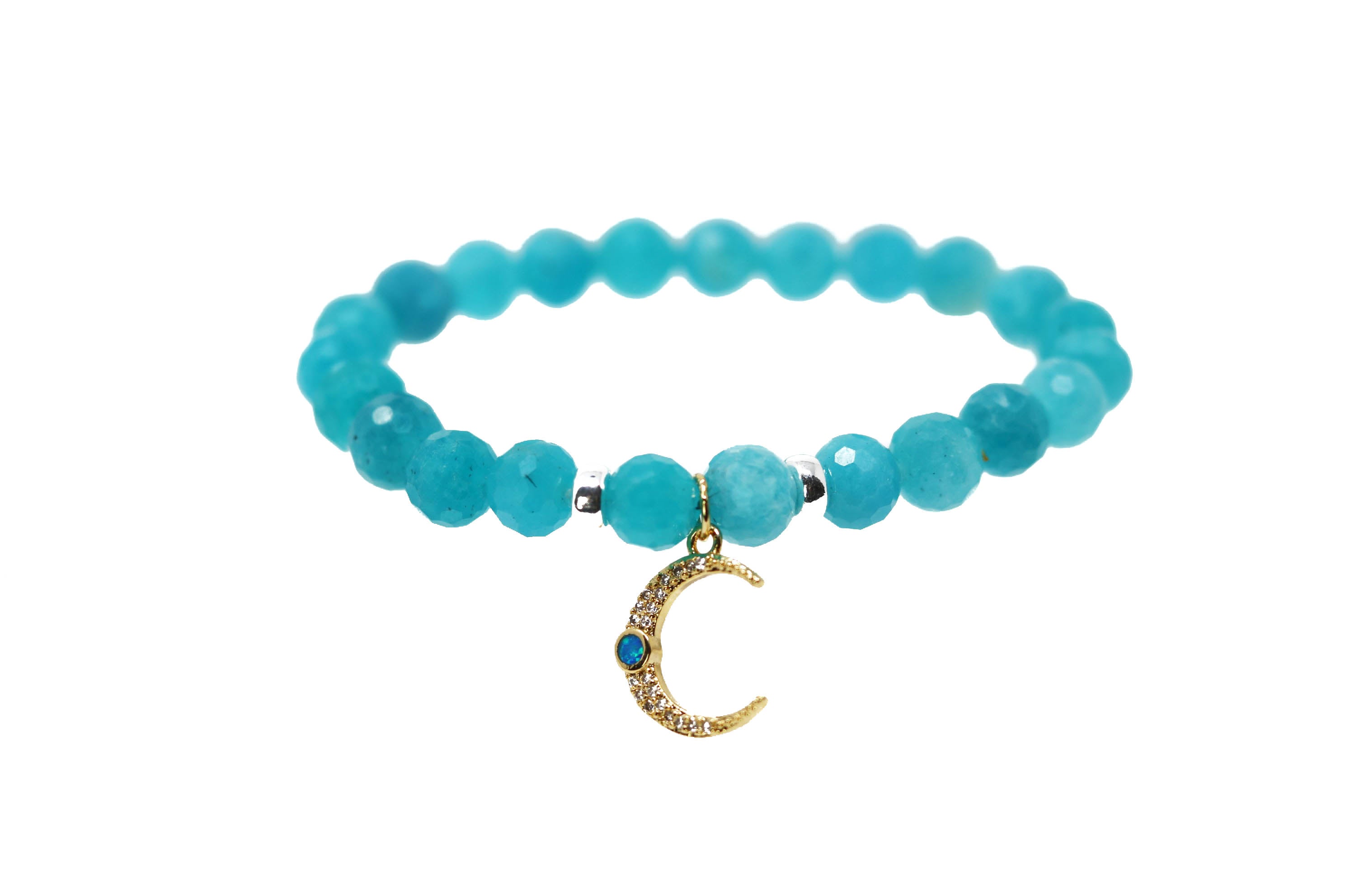 Opal Crescent Moon Aqua Blue Beaded Bracelet Gold Moon Charm