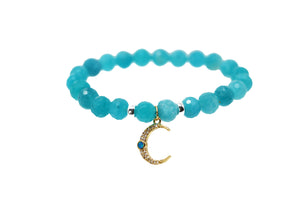 Aqua Blue Beaded Bracelet Gold Moon Charm