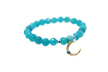 Load image into Gallery viewer, Aqua Blue Beaded Bracelet Gold Moon Charm