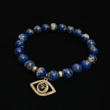 Load image into Gallery viewer, Lapis Beaded Bracelet Silver Evil Eye